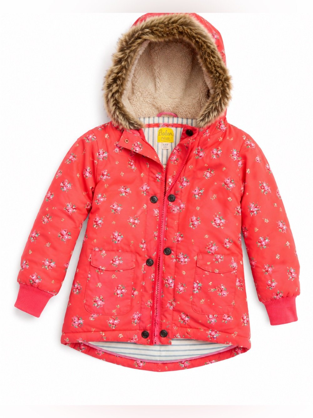 Baby Boden Pink Floral Hooded Puffer Jacket with Sherpa Lining